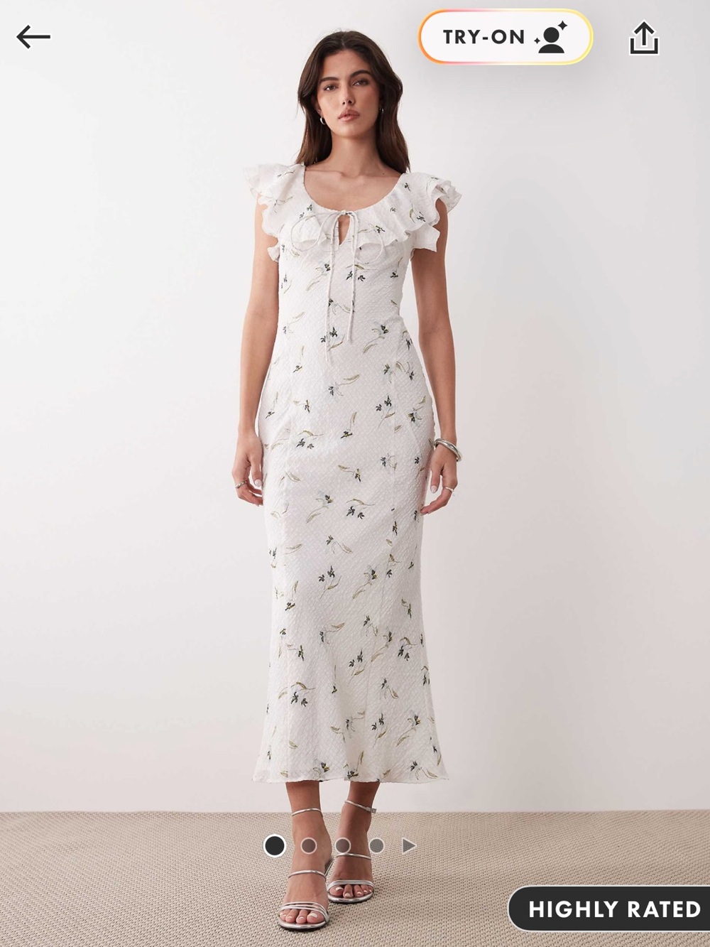 ASOS ruffle sweetheart neckline maxi dress in cream with blue floral print